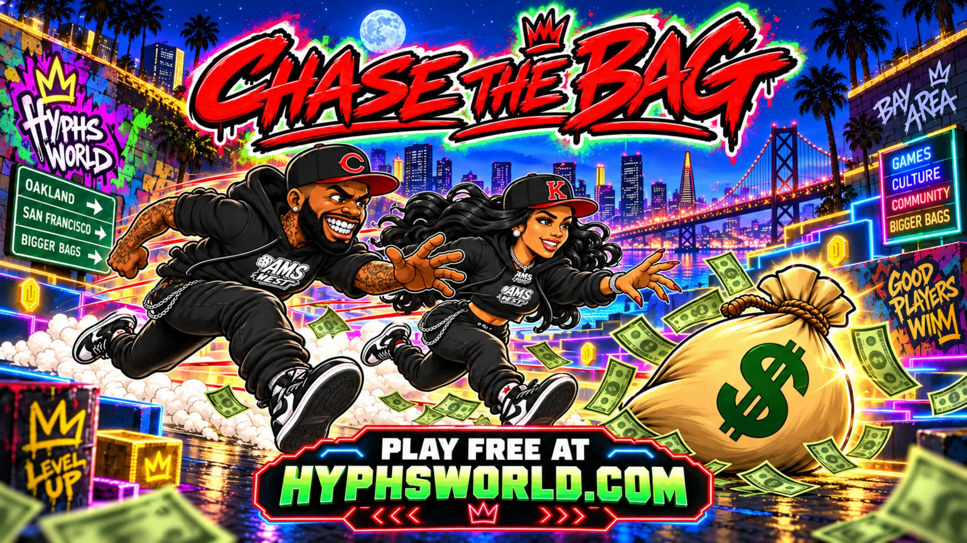 Tonio and Nikki race through a neon Bay Area city in Chase the Bag