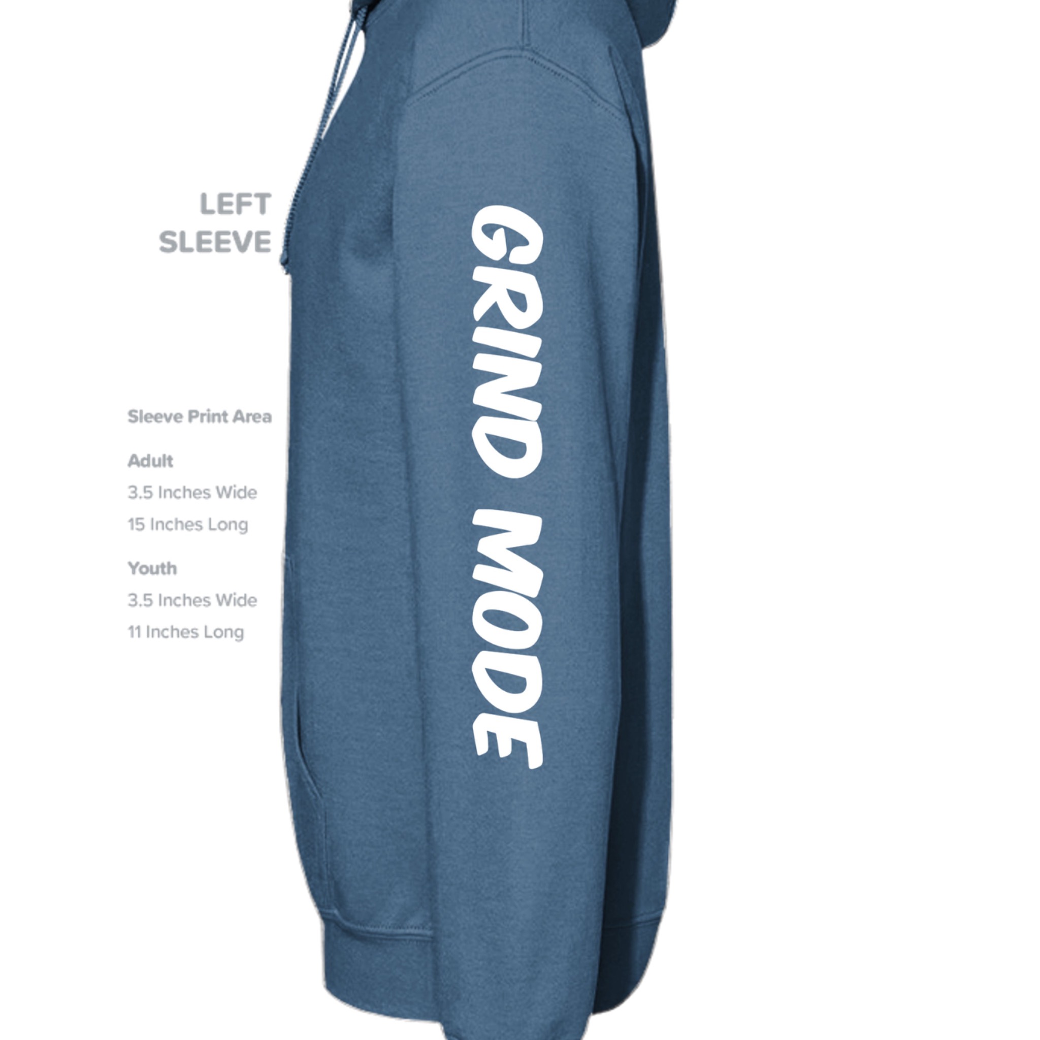 Grind Mode print on blue AMS WEST hoodie sleeve